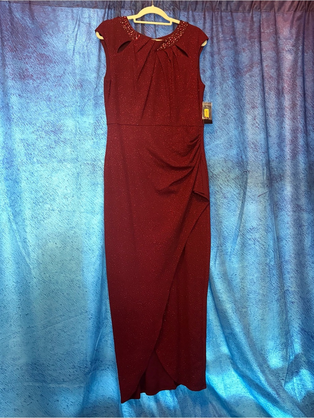 Embellished Burgundy Maxi Dress with Elegant Draping